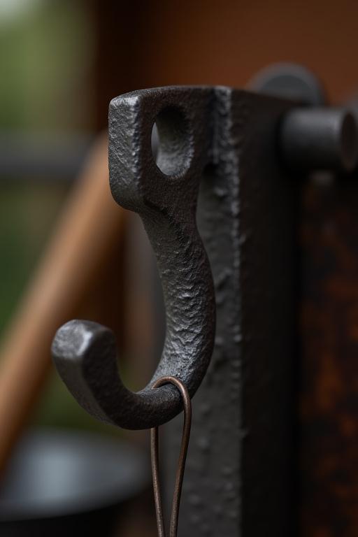 Detaljbild av en handsmidd krok för redskap på ett utekök.