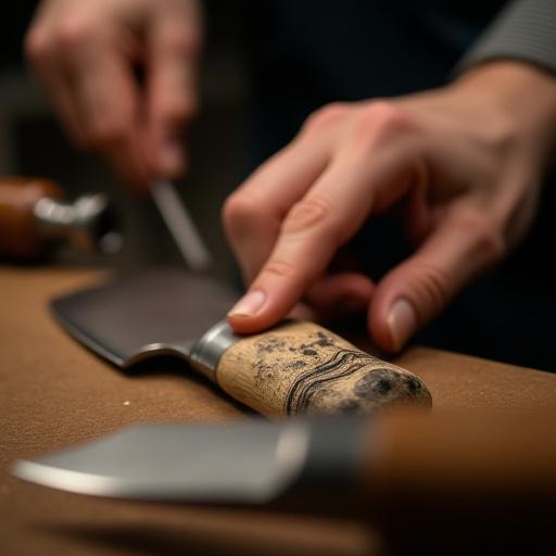 Närbild på en hand som polerar ett vackert trähandtag på en färdig kniv.