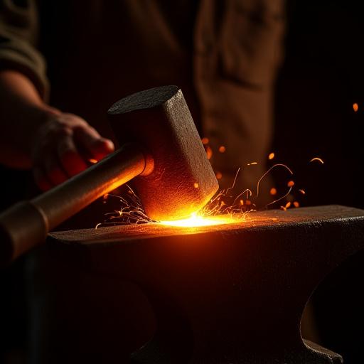 En glödande bit stål som formas på ett städ med en hammare.